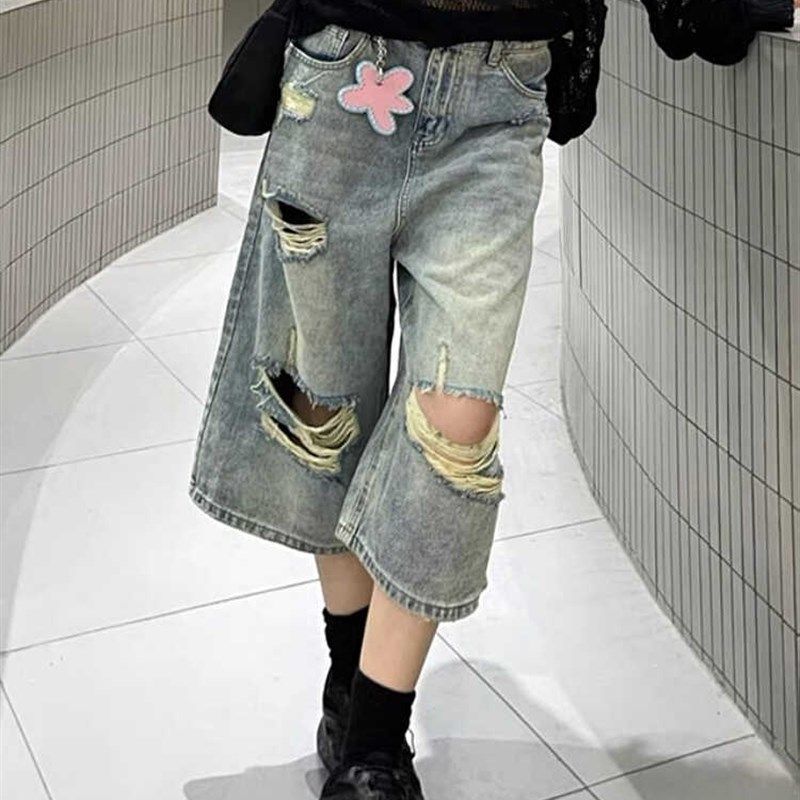 大码美式复古破洞直筒七分牛仔裤女夏季新款高腰宽松休闲阔腿中裤,女装/女士精品,大码裤装,淘宝优惠券,粉丝福利购,淘宝优惠卷