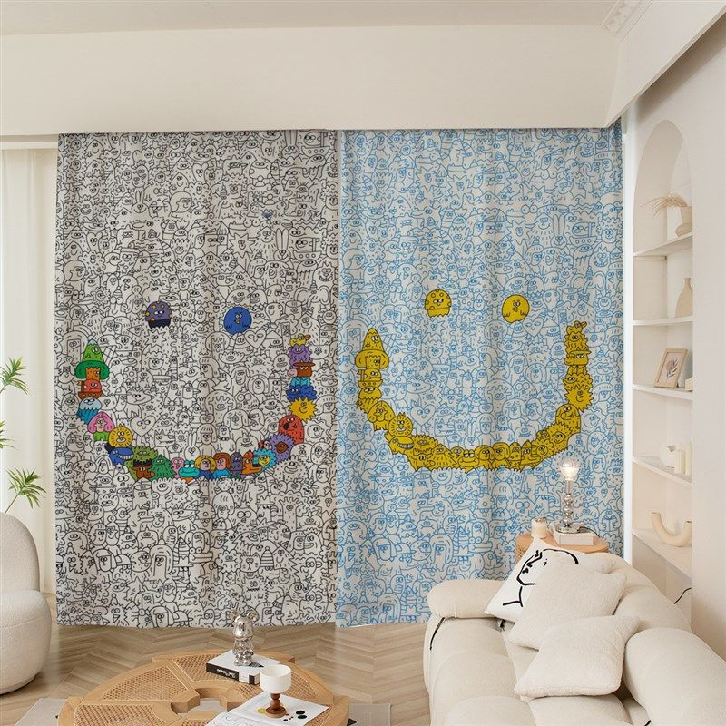 可爱艺术涂鸦卡通粗麻全遮光防晒隔热卧室客厅挂钩打孔飘窗窗帘布,居家布艺,定制窗帘,淘宝优惠券,粉丝福利购,淘宝优惠卷