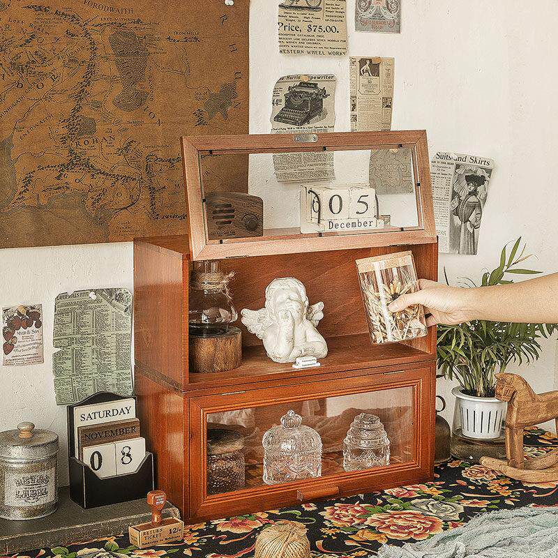 覆古木质茶具收纳柜桌面化妆品玻璃展示柜杯子防尘整理茶杯收纳盒