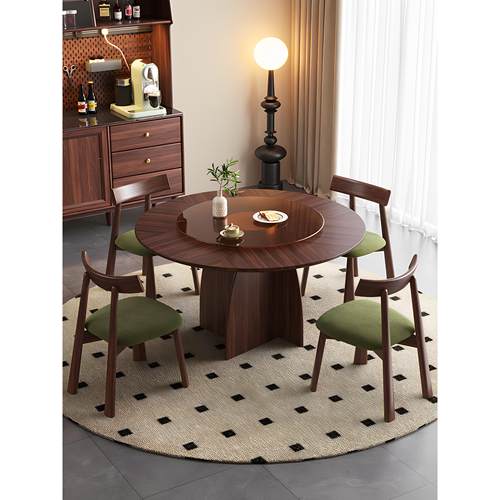 中世纪风格实木圆桌覆古转盘黑胡桃木拼花小公寓家庭圆形餐桌和椅