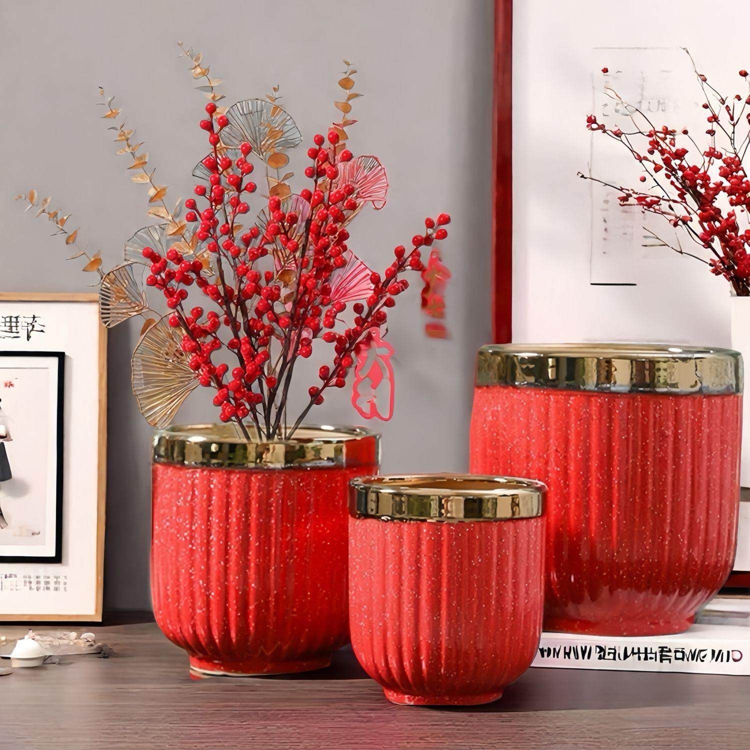 北欧简约高级陶瓷花盆新年喜庆大红色落地盆发财树蝴蝶兰室内外丨,家居饰品,花瓶,淘宝优惠券,粉丝福利购,淘宝优惠卷