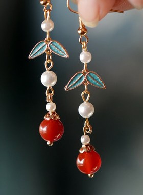 旗袍新中式耳饰 搭配红色小众独特耳坠 中式新娘汉服宋代耳环气质