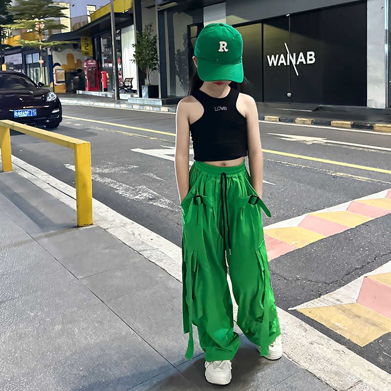 女大童美式街头宽松显瘦抽绳束脚飘带工装裤阔腿休闲长裤子夏装潮