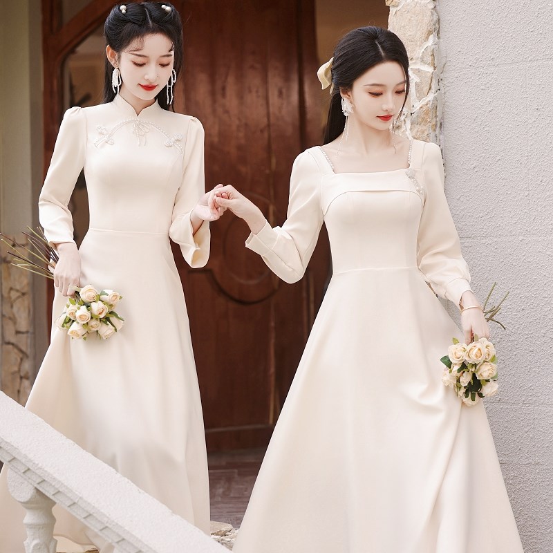 中式伴娘服2024春季新款长袖小A个子礼服高级感宴会姐妹团连衣裙