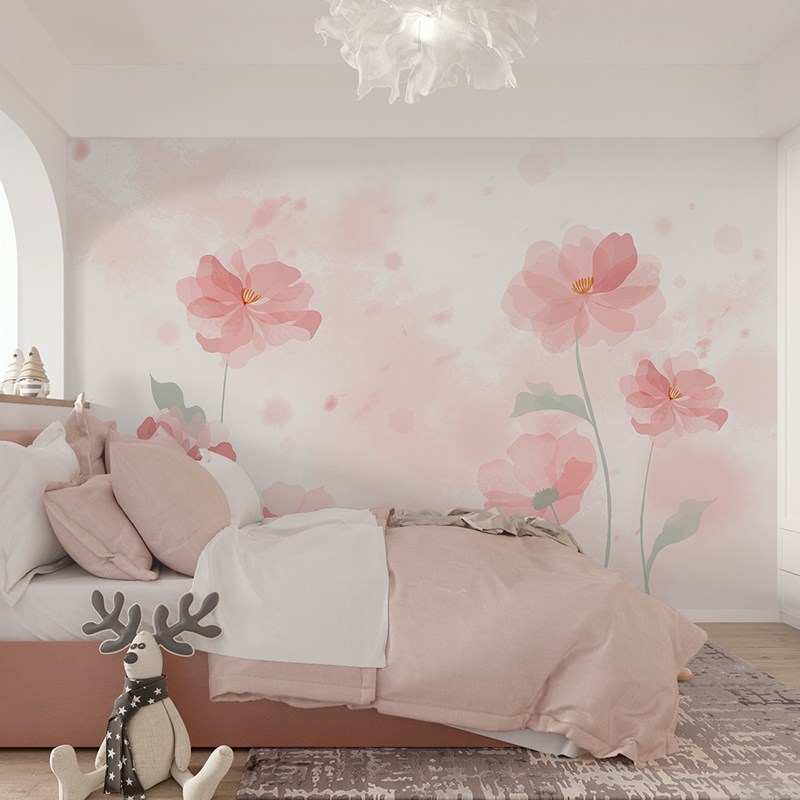 粉色花朵墙纸卡通儿童房壁布女孩卧室简约墙布现代背景.墙壁纸整