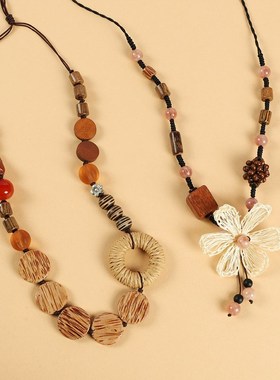 木质手工编织复古毛衣链女民族风长短款花朵项链文艺气质小众配饰