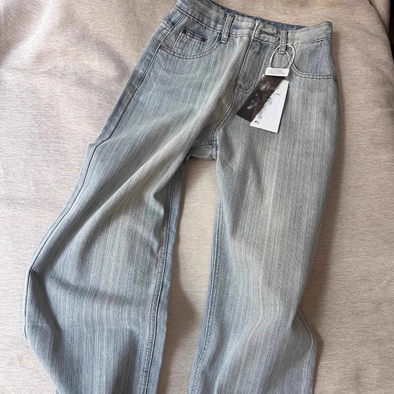 韩国肌理感阔腿牛仔裤女秋季新款高腰显瘦宽松直筒休闲百搭拖地~