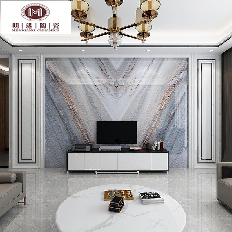 电视背景墙现代简约瓷砖3D微晶石D客厅大理石大气渗墨大板 蓝金沙