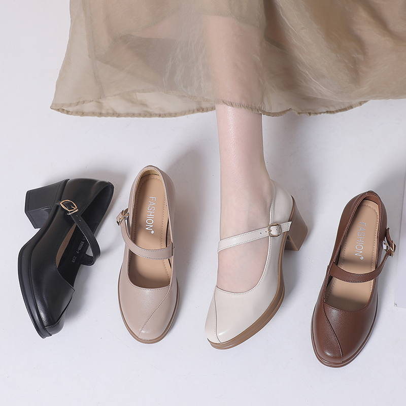 真皮软皮软底粗跟高跟单鞋女20y25新款百搭舒适中年女鞋妈妈鞋皮