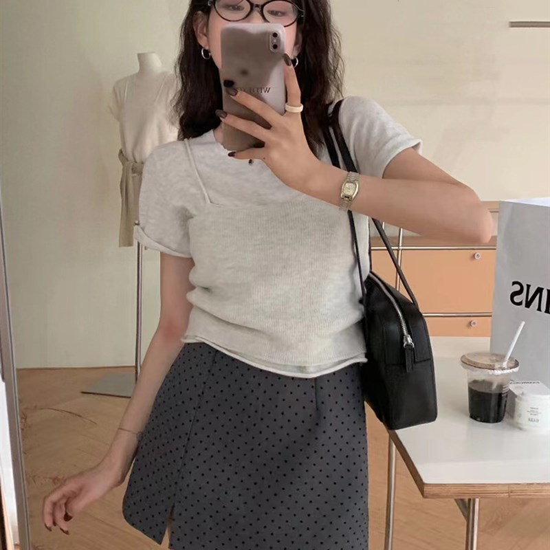 大码高腰灰色波点半身裙女夏季aC字百搭显瘦小个子开叉包臀短裙子