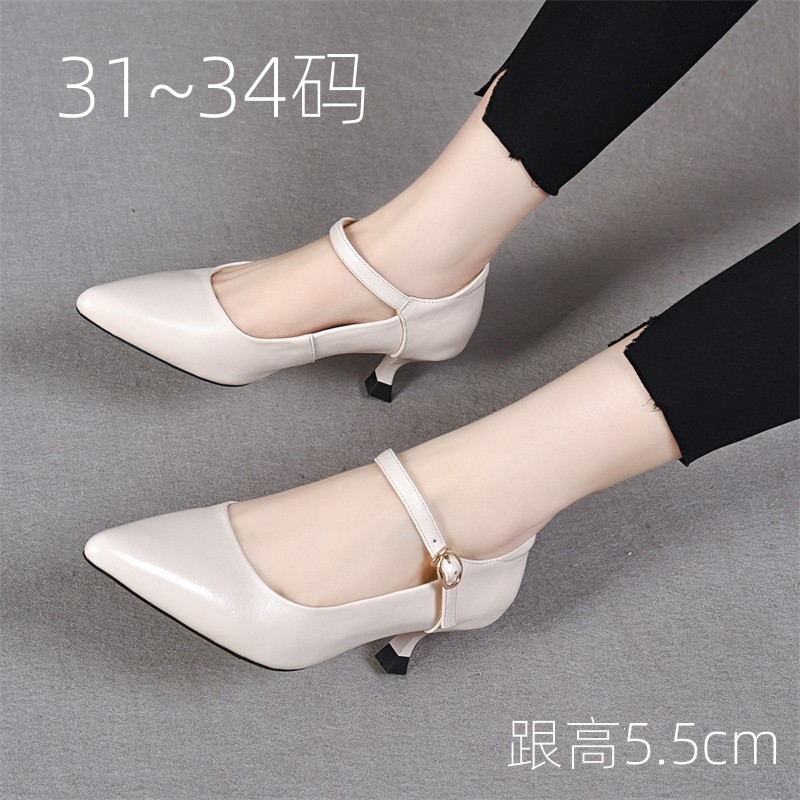 小码中跟女鞋31软皮两穿工作x鞋32真皮尖头浅口一字扣带细跟单鞋3