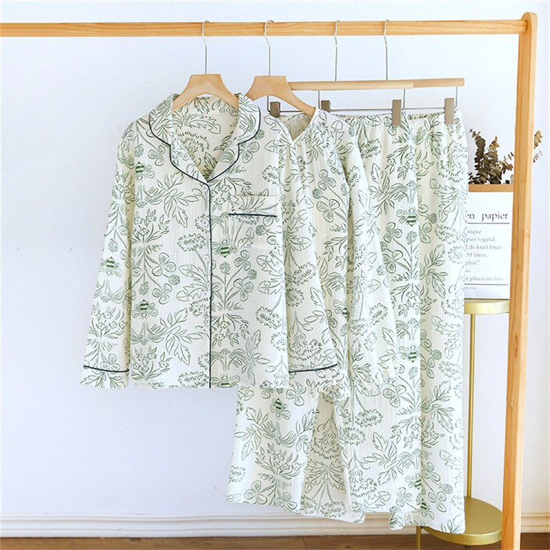 新款纯棉纱布睡衣女长袖全棉纱布居家服套装春Q夏季绉布薄款家居