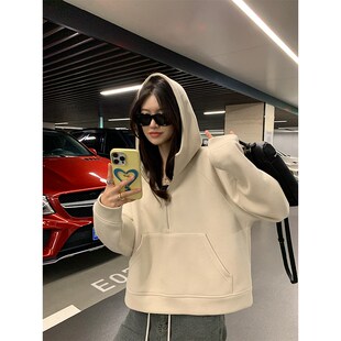 阿一格雷系半拉链短款卫衣女秋季2024年宽松休闲灰色运动连帽外套