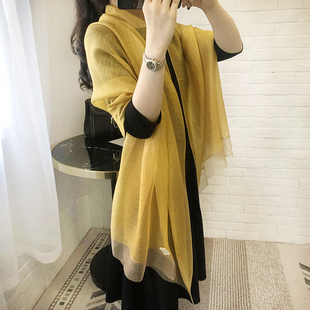 新款金线细条纹丝巾女秋季真丝韩版百搭纱巾防晒纯色围巾披肩春秋