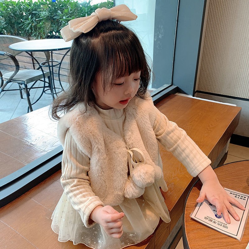 儿童洋气加绒纯棉针织网纱公主裙2021秋冬装女孩两件套马甲连衣裙