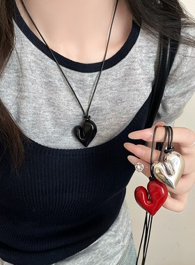 韩国几何不规则爱心项链女款时髦黑色皮绳毛衣链秋冬冷淡风卫衣链