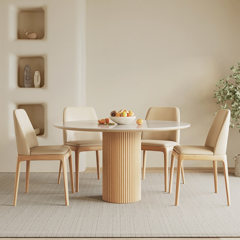 实木圆形餐桌日式侘寂风s简约亮光岩板圆餐桌小户型民宿家用饭桌