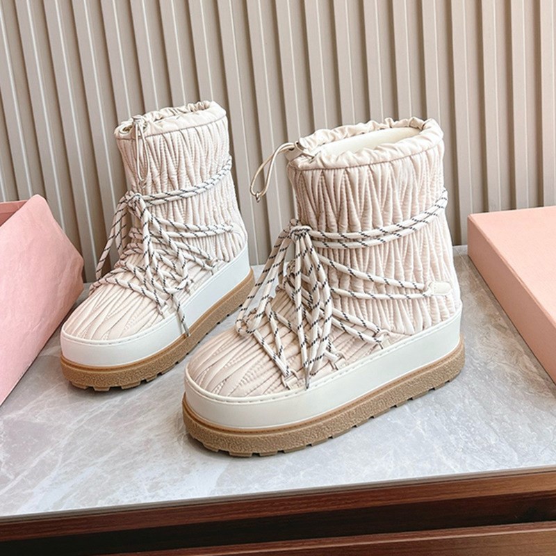时尚褶皱厚底雪地靴2024女冬季新款百搭棉鞋防滑加厚保.暖绑带短