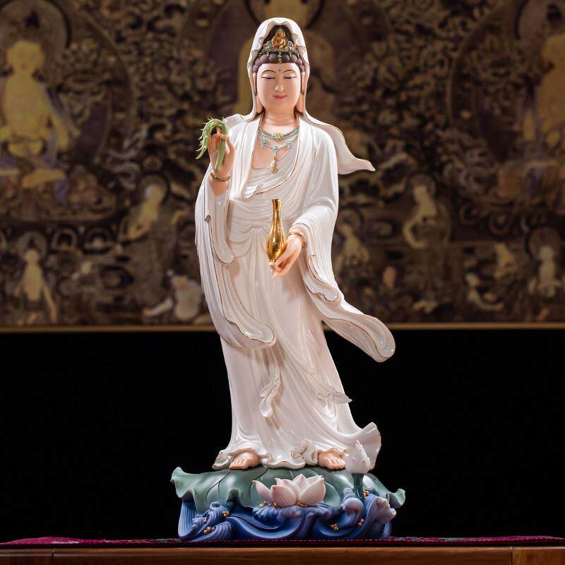 德化陶瓷南海观音菩萨站观音白瓷彩绘观世音菩萨佛像雕塑供奉摆件