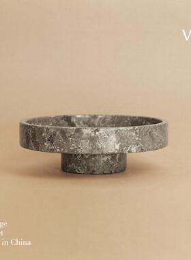 梵其现代简约天然大理石圆形高脚果盘摆件轻奢样板间桌面收纳托盘