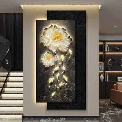 九鱼图led灯轻奢入户玄关装饰画走廊过道挂画壁画高级感简约现代