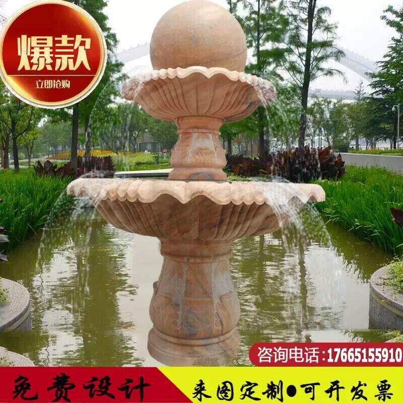 欧式园林摆件石雕喷泉户外庭院流水水景晚霞红石材水系大型风水球