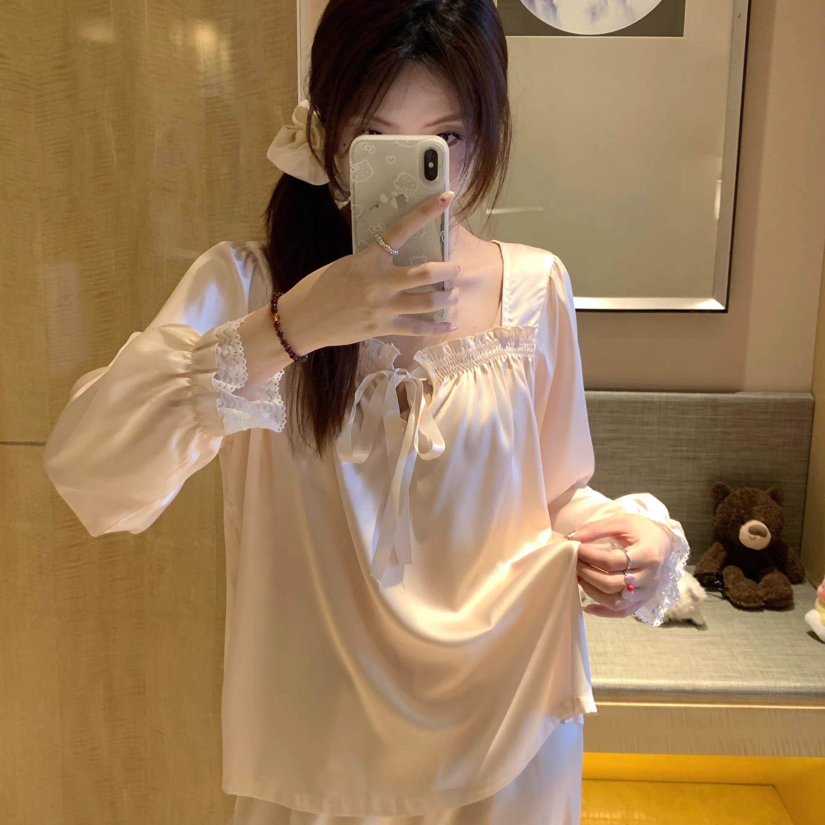 大尺码纯欲风冰丝睡衣女春夏款拼接蕾丝边冰雪丝长袖居家服套装春