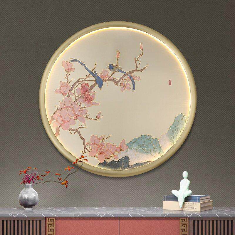 新中式珐瑯彩铜外框圆形壁画灯玄关入户客厅背景墙3D立体装饰画灯