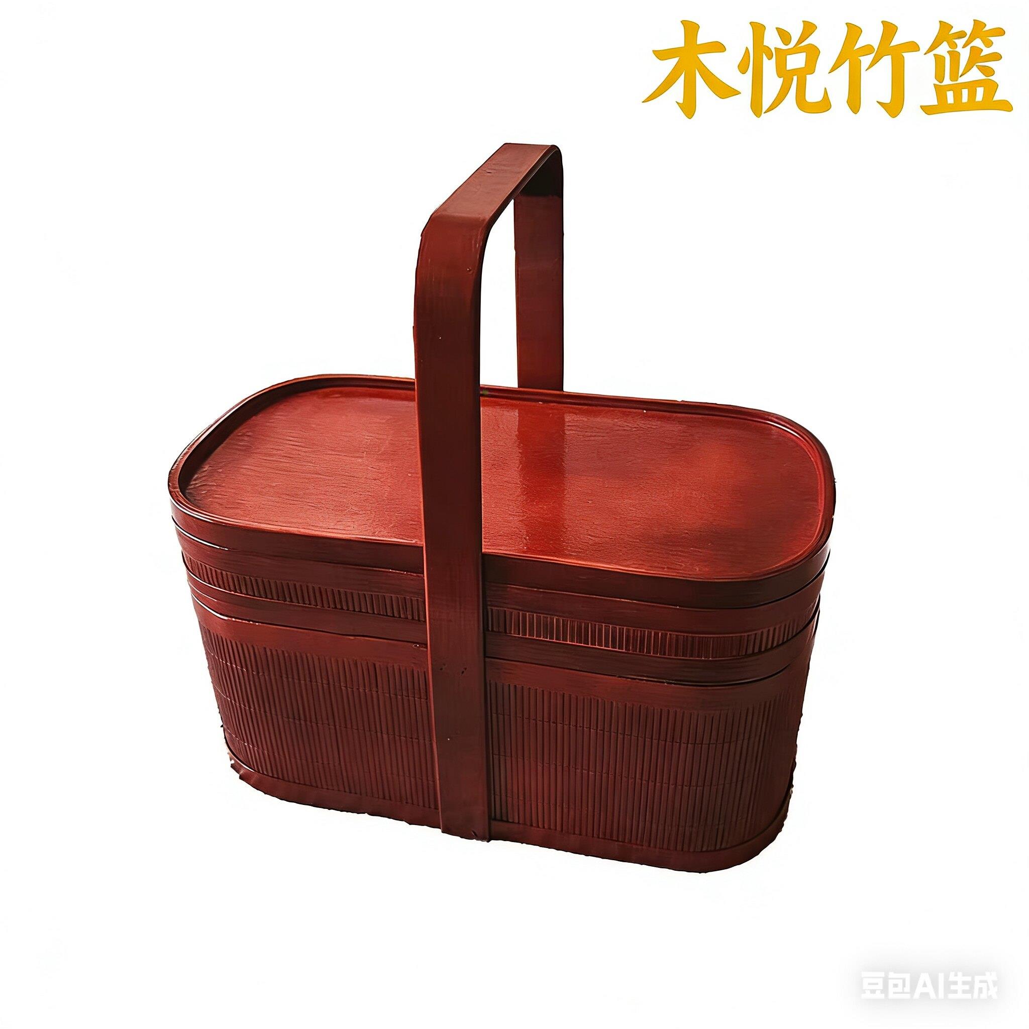 竹篮手提篮竹编带盖子古典双层野餐篮拜佛香篮红色