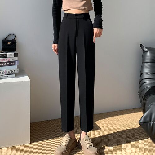 西装裤女2023宽松春秋薄款直筒裤高腰九分大码夏季W烟管裤哈伦裤