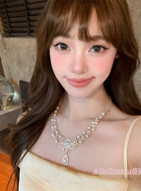 法式轻奢白色水滴珍珠项链复古甜美公主宫廷风锁骨链礼服镶钻颈链