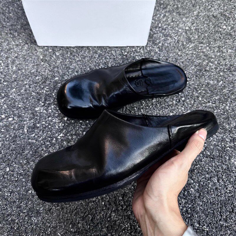 暗黑半托包头拖鞋男女复古做旧平底褶皱凉鞋懒人踩跟大头丑萌皮鞋,流行男鞋,包头拖,淘宝优惠券,粉丝福利购,淘宝优惠卷