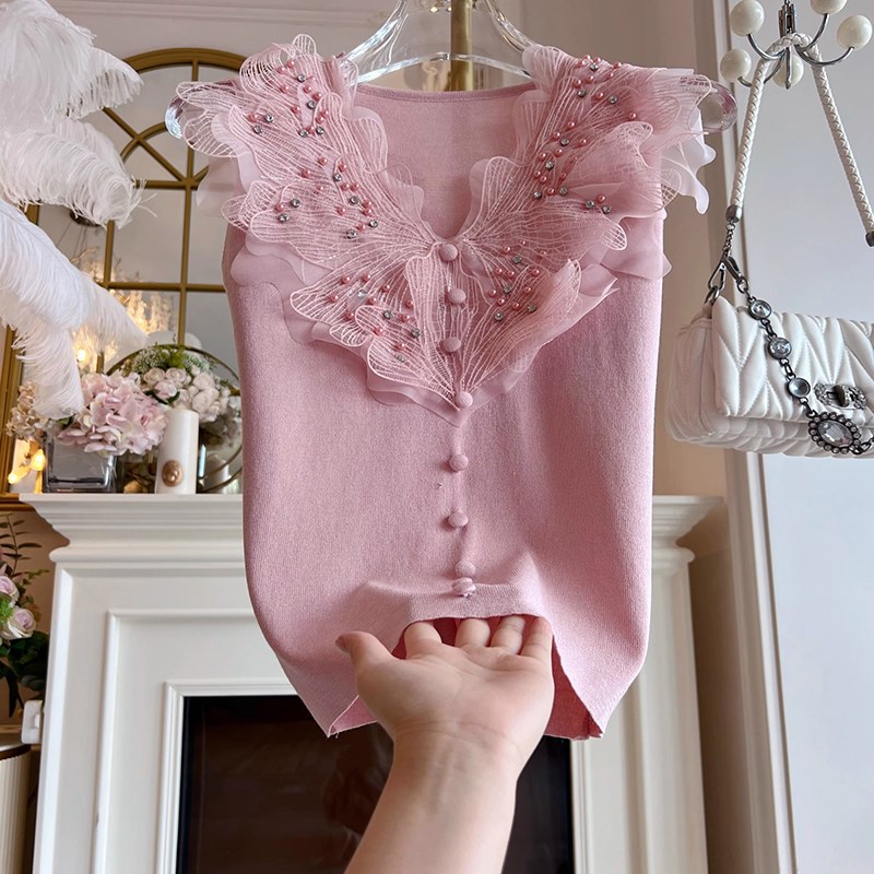 2025夏季别致设计重工镶钻拼接v领修身显瘦针织衫背心上衣t恤衫女