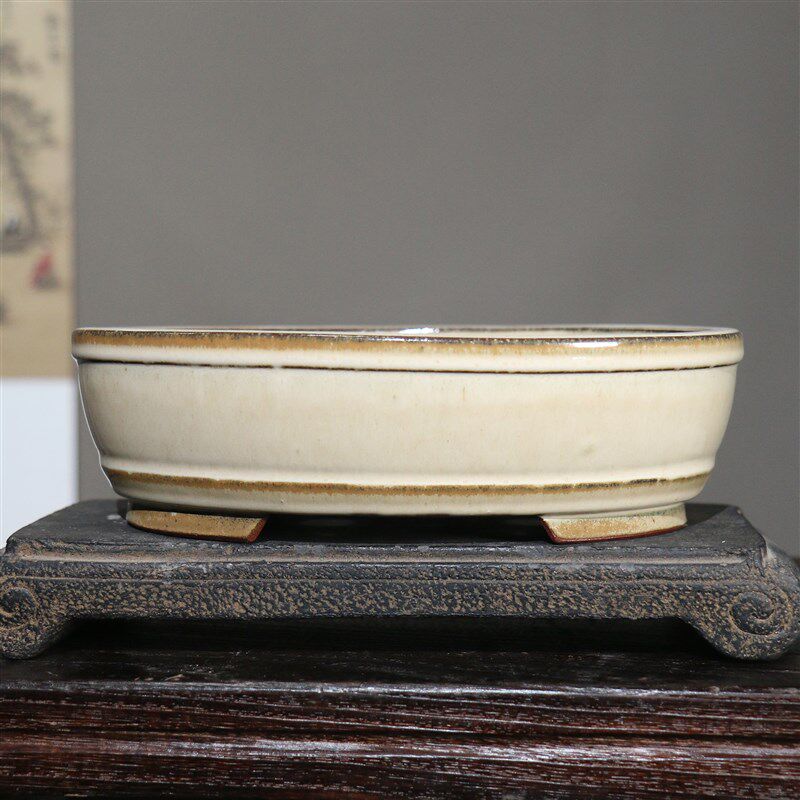 内径20-25内深5-10紫砂花盆景盆手工椭圆陶瓷日式台湾釉仿老有孔