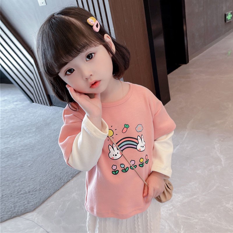 纯棉女童春e秋长袖T恤洋气儿童上衣中小童女宝宝秋装宽松打底衫潮
