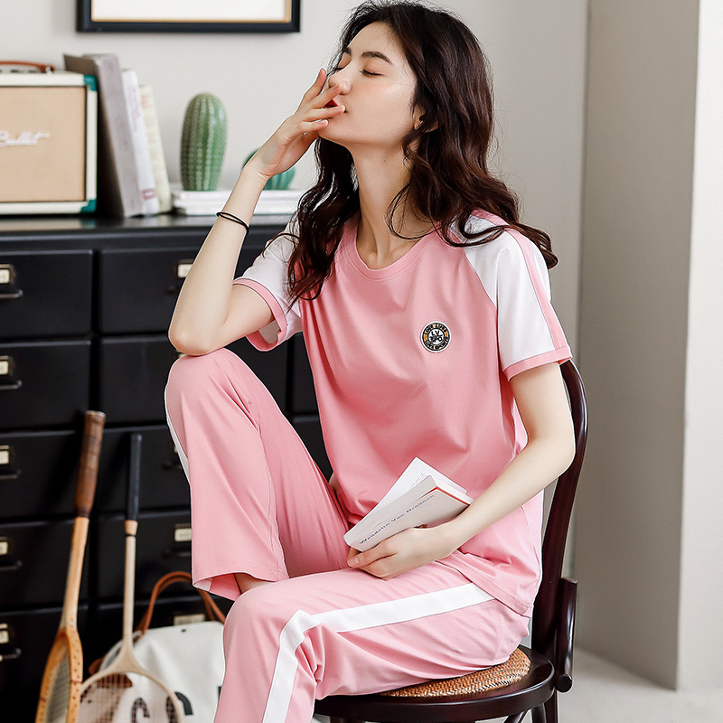 短袖长裤睡衣女夏纯棉套装居家春夏女人可外穿运动100%全棉家居服