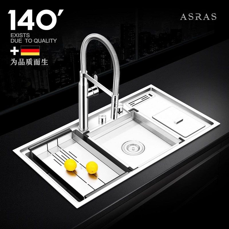 304不锈钢厨房多功能手工水槽单槽洗菜盆套餐带垃圾桶刀架