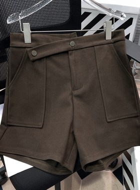 胡子叔大码黑色毛呢五分短裤女秋冬季胖mKm高腰外穿a字靴裤阔腿裤