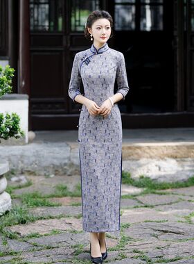 格子旗袍秋冬长袖女装中年女妈z妈日常保暖厚连衣裙大码复古中国