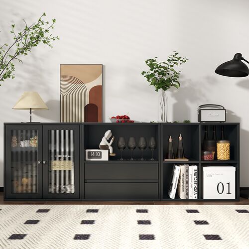 书柜模块矮柜家用自由组合柜客厅电视柜多功能黑色带门收纳储物柜