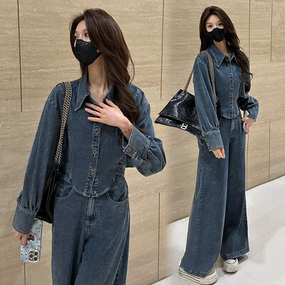 时尚牛仔套装女士2025开春新款时髦洋气减龄短款外套阔腿裤两件套