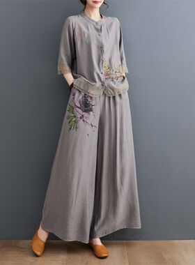 大码棉麻套装女士2024夏装新款中年妈妈时尚洋气T亚麻阔腿裤两件