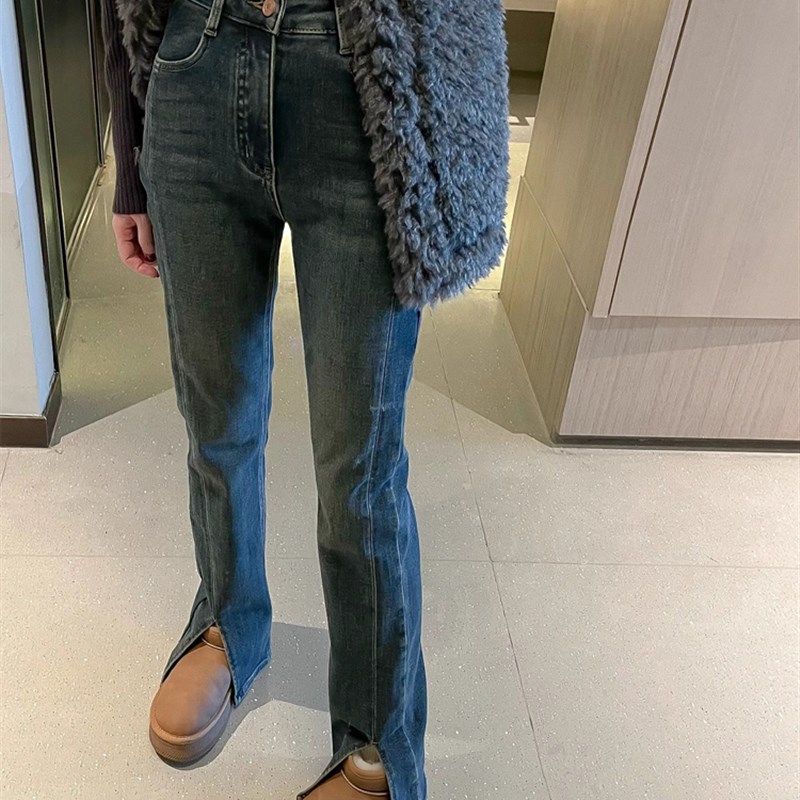 2024春季新款韩k版开叉微喇牛仔裤女大码胖mm高腰复古修身显瘦裤