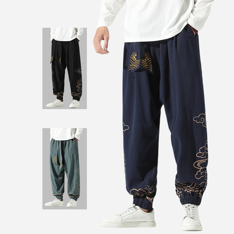 大码男装亚麻裤男宽松阔腿裤胖子加肥加大哈伦裤刺绣棉麻国风男裤,男装,大码下装,淘宝优惠券,粉丝福利购,淘宝优惠卷