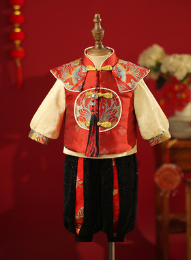 周岁礼服男宝宝红色拜年服女童抓周唐装中国风龙凤胎男童过年衣服