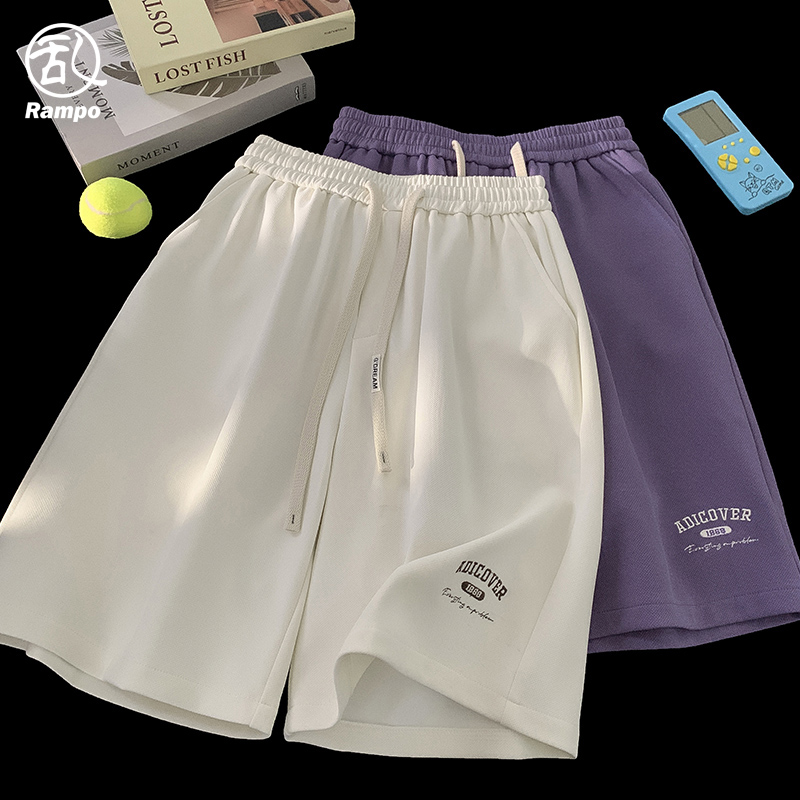 美式米白色短裤男夏季2024新款宽松潮牌字母刺绣休闲运动五分裤子