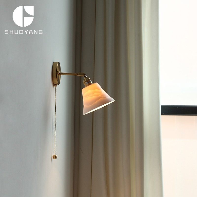 日式陶瓷带开关壁灯复古卧室床头民宿客栈背景墙白色创意拉线壁灯,家装灯饰光源,壁灯,淘宝优惠券,粉丝福利购,淘宝优惠卷