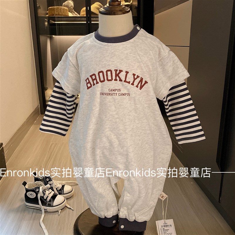 韩国婴儿连体衣春秋装男宝宝假两件卫衣连身哈衣休闲长袖外出爬服