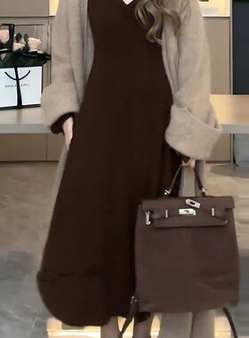 秋冬搭配一整套h大码胖妹妹美拉德棕色连衣裙女慵懒毛衣针织衫外