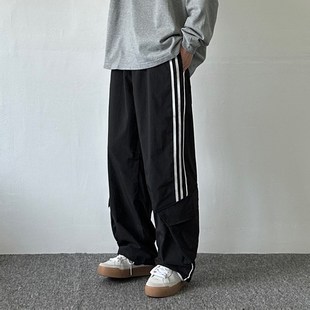 男生寬松簡(jiǎn)約百搭長褲 黑色大口袋機(jī)能褲 春秋季 V子2024新款 休閑褲